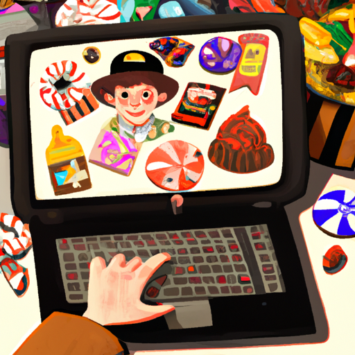 איור של אדם קונה ממתקים באינטרנט על מחשב נייד.