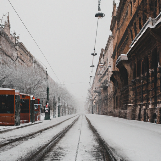 תמונה של רחוב בבודפשט מכוסה בשלג במהלך החורף.