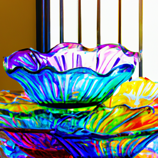 צילום של תצוגת צלחות זכוכית צבעונית בבית, עם צבעים מרהיבים וצורות ייחודיות